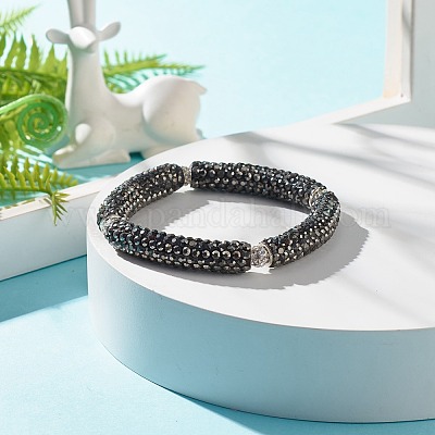 Bling Polymer Clay Rhinestone Curved Tube Beads Stretch Bracelet for Women, Hematite, Inner Diameter: 2-3/8 inch(5.9cm) Rhinestone