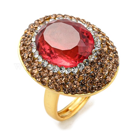 Red Glass Oval Adjustable Ring with Rhinestone RJEW-D005-03G-1