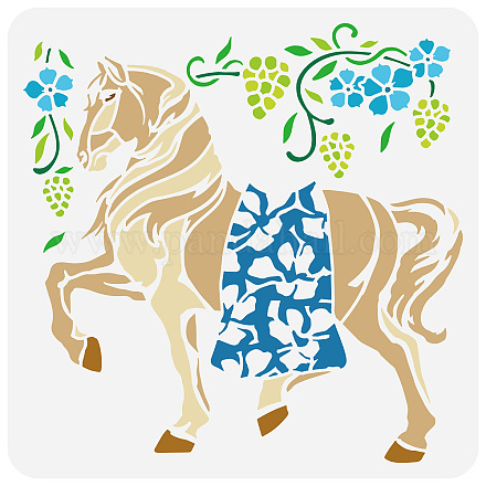 Fingerinspire ホワイトホース ステンシル ペイント用 30x30cm 再利用可能な動物界の馬 サドルテンプレート付き 大きなブドウの葉 つる模様 ステンシル 家庭用農場の壁家具装飾用 DIY-WH0391-0400-1