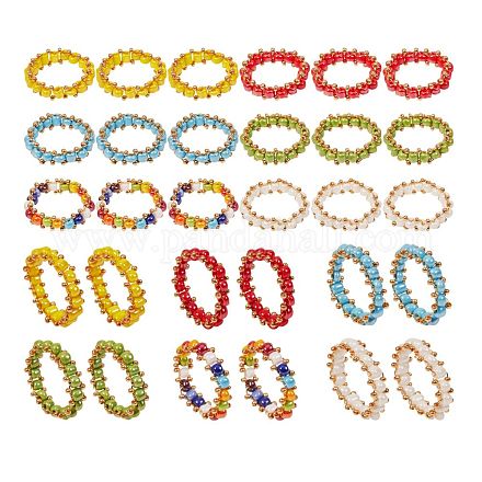 30 pièces 6 couleurs bagues rondes en perles de rocaille de verre RJEW-SZ0001-01-1