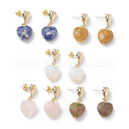 5 paires de boucles d'oreilles pendantes en forme de cœur avec pierres précieuses naturelles et synthétiques EJEW-JE05084-1