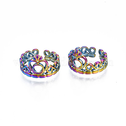 Placcatura cremagliera colore arcobaleno 304 anello polsino aperto con corona a cuore in acciaio inossidabile per donna RJEW-S405-259M-1