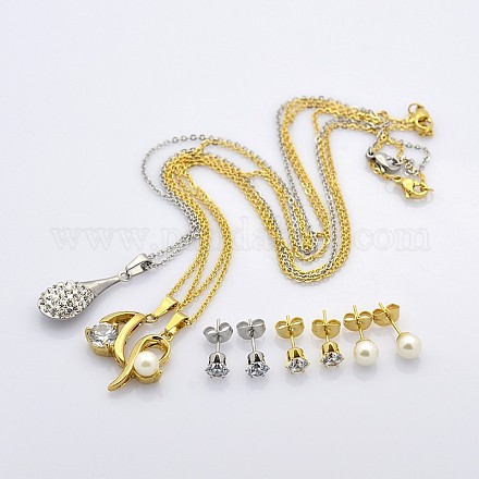 Mixed Styles 304 Stainless Steel Jewelry Sets Pendant Chain Necklaces and Ear Studs SJEW-O018-M-1