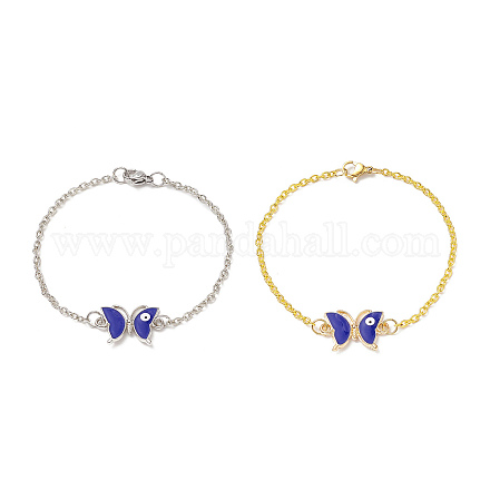 2 pièces papillon en alliage de 2 couleurs avec bracelets à maillons mauvais œil sertis d'émail BJEW-JB09162-1
