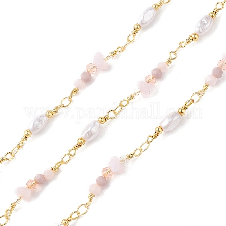 Chaînes à maillons en perles de verre en laiton avec perles d'imitation ABS CHS-P016-39G-08-1
