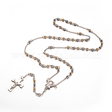 Crucifix Cross with Virgin Mary Rosary Bead Necklace NJEW-E070-16GP-1