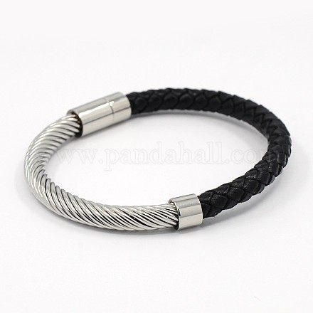 La mode unisexe en acier inoxydable tressé cordon de cuir magnétiques fermoirs bracelets BJEW-L237-06-1
