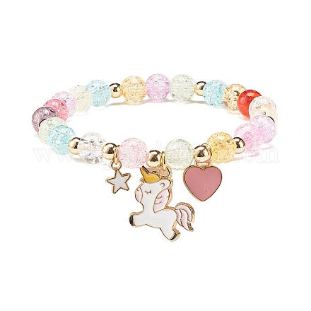 Candy Color Round Beaded Stretch Bracelet with Heart Unicorn Charm for Women X-BJEW-JB07636-04-1