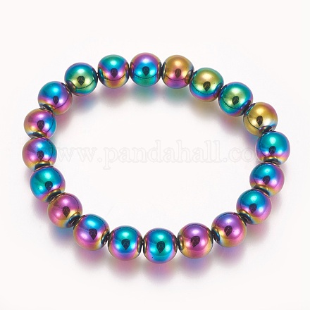 Bracelet extensible perlé en hématite synthétique non magnétique électroplaqué BJEW-P215-01-10mm-1