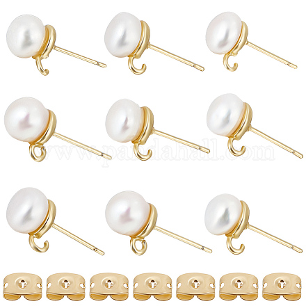 Beebeecraft 1 Box 12Pcs Pearl Stud Earrings Findings 18K Gold Plated Round Ball Earring Posts with Loop and Ear Nuts for DIY Earring Making Hole: 0.6mm KK-BBC0011-16-1