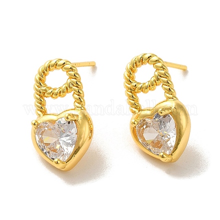 Heart Brass Micro Pave Cubic Zirconia Stud Earrings EJEW-H128-01G-1