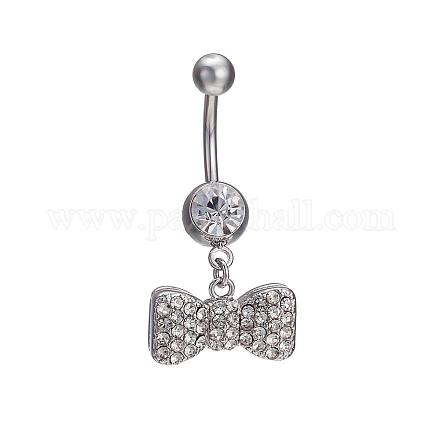 Gioielli piercing vero anello di ombelico bowknot di strass in ottone placcato platino anelli di pancia AJEW-EE0001-79A-1