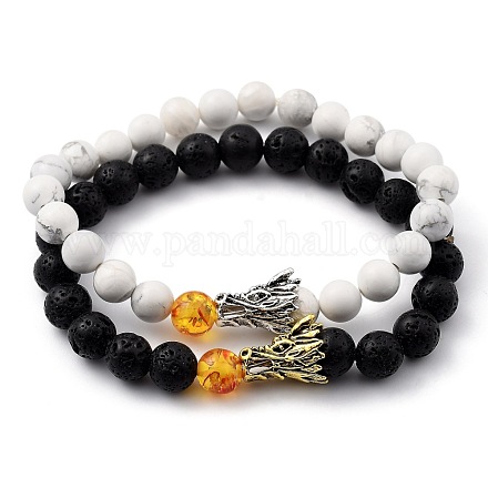 Ensembles de bracelets en perles extensibles en howlite naturelle et pierre de lave pour hommes BJEW-JB05429-1