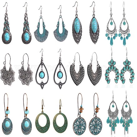 12 пара серег-подвесок и серег-колец из сплава синтетической бирюзы в богемном стиле&nbsp;FS-WG7654C-15-1