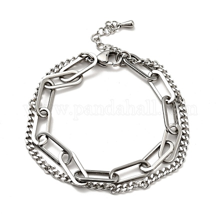 201 pulsera de acero inoxidable con cadenas de papel y bordillo de doble capa para mujer BJEW-A126-19P-1