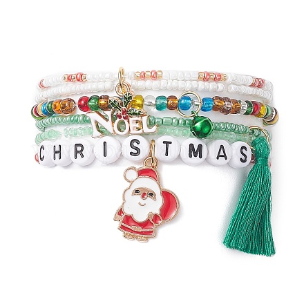 4 Stück 4-teiliges Stretch-Armband-Set mit Weihnachtsworten aus Kunststoff und Glasperlen BJEW-JB09392-1