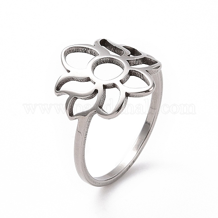 201 ステンレス製の花の指輪  女性のための中空ワイドリング  ステンレス鋼色  usサイズ6 1/2(16.9mm) RJEW-J051-32P-1