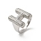 Letter Brass Micro Pave Clear Cubic Zirconia Open Cuff Ring for Women, Platinum, Letter H, 19.5x15.5mm, US Size 6(16.5mm)