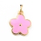 Rack Plating Brass Enamel Charms, with Jump Rings, Cadmium Free & Lead Free, Real 18K Gold Plated, Flower, Pearl Pink, 14.5x12x1.3mm, Hole: 3.3mm
