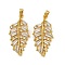 Rack Plating Brass Clear Cubic Zirconia Pendants, Long-Lasting Plated, Leaf Charms, Golden, 40x19.5x4mm, Hole: 5x3mm