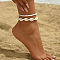 Bohemian Natural Cowrie Shell & Glass Seed Beaded Double Layer Stretch Anklets, White, 8-1/4 inch(210mm), 2pcs/set