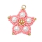 Glass Seed Beaded Star Pendants, with Glass Pearl Round Beads and 304 Stainless Steel Jump Rings, Hot Pink, 27x28x6mm, Hole: 3.5mm