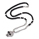 Ожерелье с подвеской в виде черепа со стразами и бусинами из натурального черного агата NJEW-B083-01-2