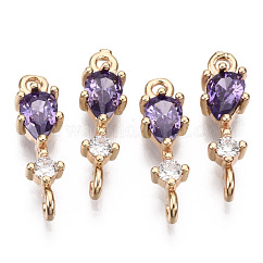 Conectores de enlaces de circonita cúbica micro pavimentar de latón, con vidrio, Plateado de larga duración, la luz de oro, lágrima, violeta, 17x5x3.5mm, agujero: 1.5 mm