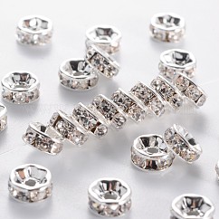 Grade ottone a strass distanziatore perline, colore argento placcato, nichel libero, rondelle, cirstallo, 7x3.2mm, Foro: 1.2 mm