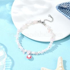 4 pièce 4 styles breloque en forme de coquillage en alliage émaillé perle de coquillage ronde blanche et quartz rose naturel et fleur amazonite et aigue-marine teinte et bracelets de cheville en perles d'améthyste&nbsp;AJEW-AN00734