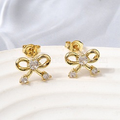 Женские серьги-гвоздики из латуни с микро-паве и бантом из прозрачного кубического циркония&nbsp;EJEW-G460-03G