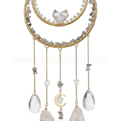 Самородки натуральный кварцевый кристалл и лабрадоритовый осколок и латунные лунные подвесные украшения&nbsp;HJEW-JM02566