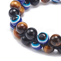 Natürliches Tigerauge & augenloser Obsidian & geflochtenes Perlenarmband aus bösem Auge aus Harz&nbsp;BJEW-JB08840-02