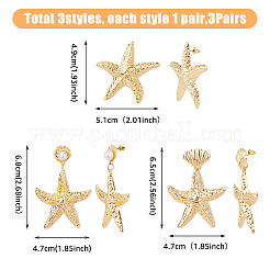 3 пара двухцветных серег-гвоздиков в форме морской звезды из сплава с пластиковыми жемчужными бусинами&nbsp;EJEW-FI0002-95