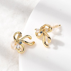 Серьги-гвоздики из латуни с микро-паве и бантом из прозрачного кубического циркония&nbsp;EJEW-P331-03G