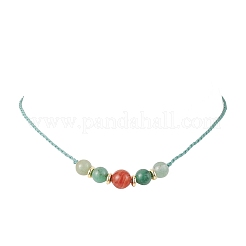 Регулируемые круглые плетеные бусины из натурального зеленого авантюрина и окрашенного полосчатого агата&nbsp;NJEW-JN05318