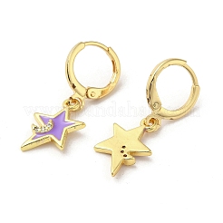 Boucles d'oreilles dormeuses en laiton plaqué or véritable 18 carat étoile et lune&nbsp;EJEW-L268-032G-01