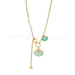 Collares con colgante en forma de concha de acero inoxidable 304 esmaltado con perla de plástico blanca para mujer&nbsp;WGC94A0-01