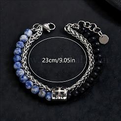 Bracelets à un rang de perles rondes en jaspe bleu tacheté naturel et obsidienne givrée&nbsp;NT5911-2