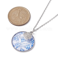 Колье с плоской круглой подвеской из стального синего стекла и сплава&nbsp;NJEW-JN04453-01