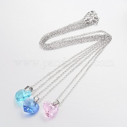 Platinum Plated Brass Necklaces, with Glass Heart Pendant and Spring Ring Clasps, Mixed Color, 17.9 inch, 1.6mm