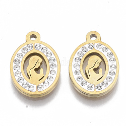 201 Stainless Steel Pendants, with Polymer Clay Crystal Rhinestone, Oval with Woman, Golden, 18x13x2mm, Hole: 1.6mm