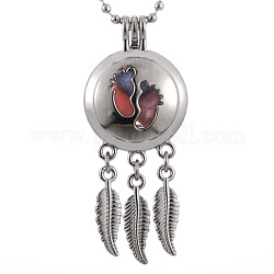 Alloy Diffuser Locket Pendants, with Foot Print Pattern, Excluding Chain, Woven Net/Web with Feather, Platinum, 55x24mm