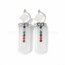 Chakra Themed Natural Quartz Crystal Big Pendants, Faceted Sword Charms, with Rack Plating Platinum Plated Brass Findings, Cadmium Free & Lead Free, 85~86x24x18.5~20.5mm, Hole: 8x5mm