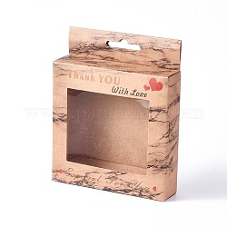 Boîtes de papier kraft, boîtes d'emballage de fenêtre claire, rectangle avec mot merci, burlywood, boîte: 10x10 cm, déplier: 19.4x12.5x0.08cm