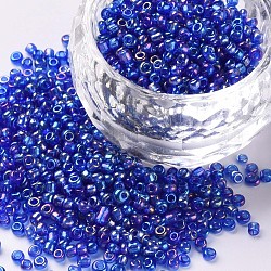 Perles de rocaille en verre, trans. couleurs arc en ciel, ronde, bleu, taille: environ 2mm de diamètre, Trou: 1 mm, environ 6666 pcs/100 g