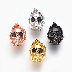 Brass Micro Pave Cubic Zirconia Beads, Lead Free & Cadmium Free & Nickel Free, Long-Lasting Plated, Skull, Black, Mixed Color, 14x10x9mm, Hole: 1.8mm