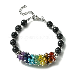 Bracelet en perles d'agate noire naturelle, bracelets de perles de pierres précieuses chakra, avec fermoirs mousquetons en 304 acier inoxydable, 7-3/8 pouce (18.8 cm)