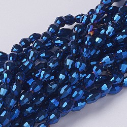 Perles en verre electroplate, bleu plaqué, ovale à facettes, 6x4mm, Trou: 1mm, Environ 67~68 pcs/chapelet