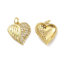 Brass Micro Pave Clear Cubic Zirconia Pendants, with Jump Ring, Heart with Wing Charm, Real 18K Gold Plated, 17.5x16x4mm, Hole: 3.5mm